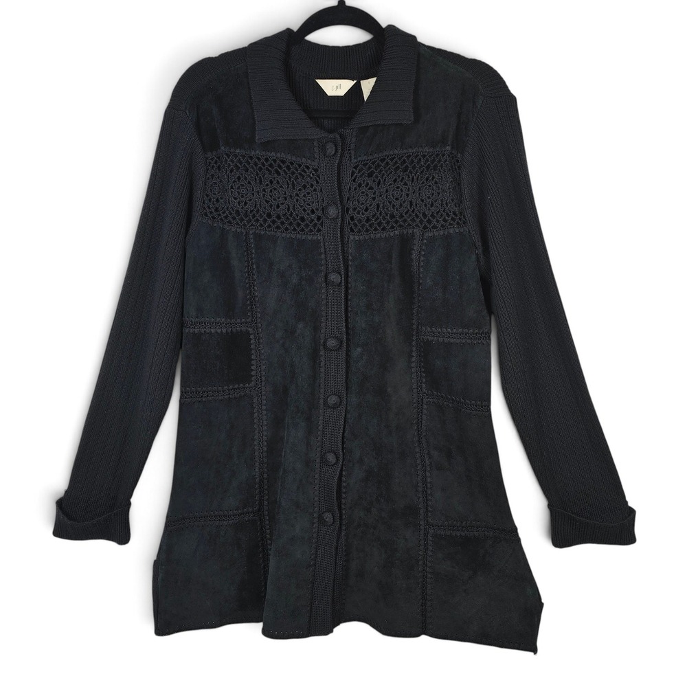 J. Jill Cardigan Women Small Suede Front Wool Blend Crochet Black Mixed Media